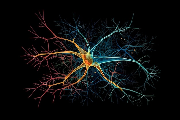 Нейрон с его дендритами, аксоном и синапсами, цифровая художественная иллюстрация