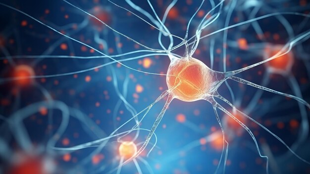 Нейронная сеть в головном мозге. Сложная нервная система, клеточный крупный план, показывающий нейроны.