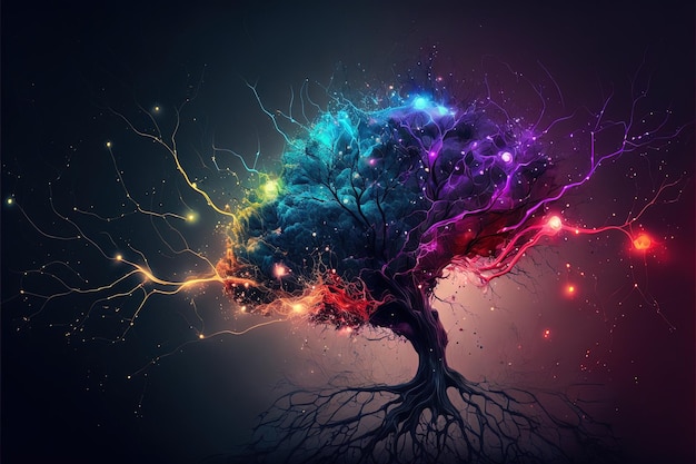 Neuronen synapsen felle kleuren bliksemschichten sterren linkedin kleuren splash elementen Hersenneuronen en elektrische signalen vertakking dendrieten concept Generatieve AI