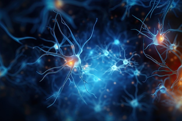 Neuronencel 3d-illustratie computer gegenereerde wetenschappelijke achtergrond Neuronen en zenuwstelsel Nervencellen achtergrond met kopieerruimte AI gegenereerd
