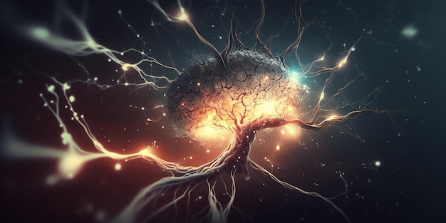 Neurons cells with glowing light Brain structure universe neurons in action Generative AI