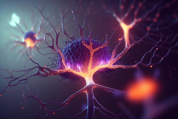 Neurons cells with glowing light Brain structure universe neurons in action Generative AI