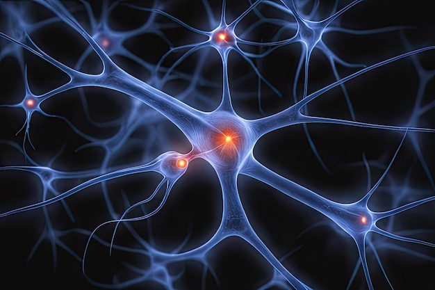 Neurons communicate with each other using electrochemical signals Nerve cell 3d render