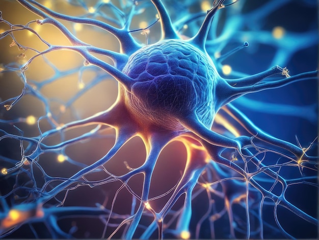 Neurons communicate with each other using electrochemical signals Nerve cell 3d render