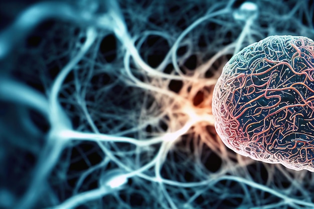 ニューロンと神経系の神経細胞は、電気インパルスを撃ち、人間の脳機能のクローズアップを選択します