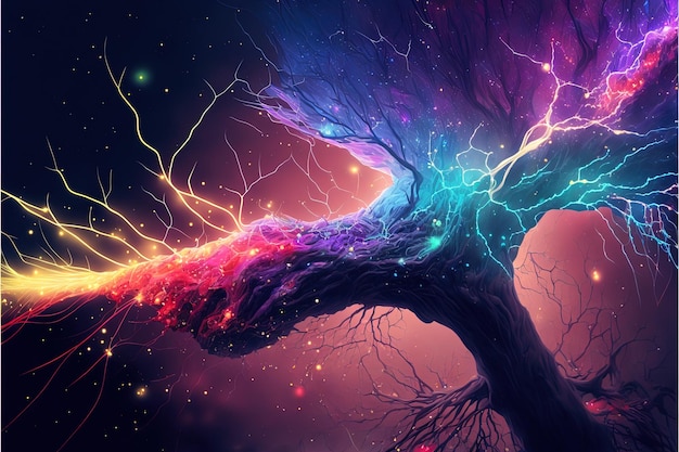 Neurons synapses bright colors lightning bolts stars linkedin colors splash elements Brain neurons and electrical signals branching dendrites concept Generative AI