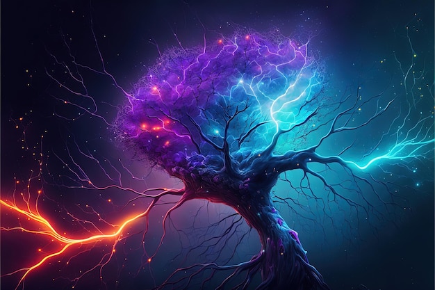 Neurons synapses bright colors lightning bolts stars linkedin colors splash elements Brain neurons and electrical signals branching dendrites concept Generative AI