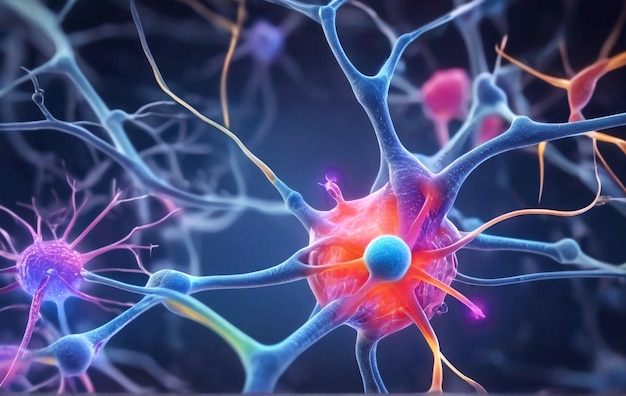 Photo neurons and synapses human brain interface concept with colorful background