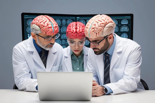 Photo neuroscientists looking at brain image on laptop screen stock illustration
