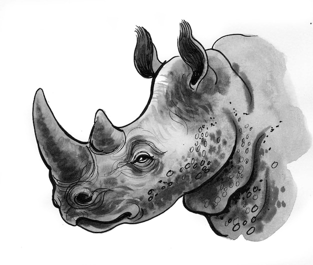 Neushoorn hoofd. Inkt en aquarel tekenen