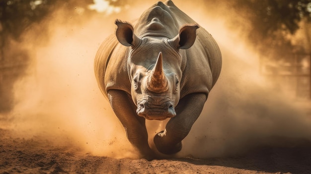 neushoorn loopt in een stofwolk in de stralen van de zonsondergang