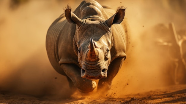 neushoorn loopt in een stofwolk in de stralen van de zonsondergang