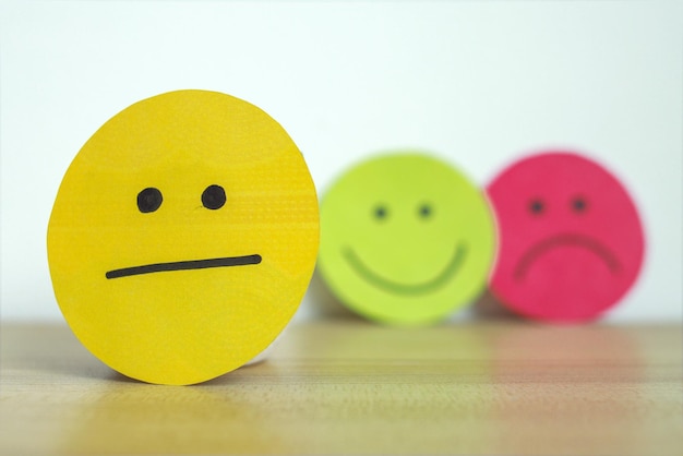 Neutraal gezicht met een glimlachend gezicht en een verdrietig gezicht op de achtergrond Service rating en klanttevredenheid