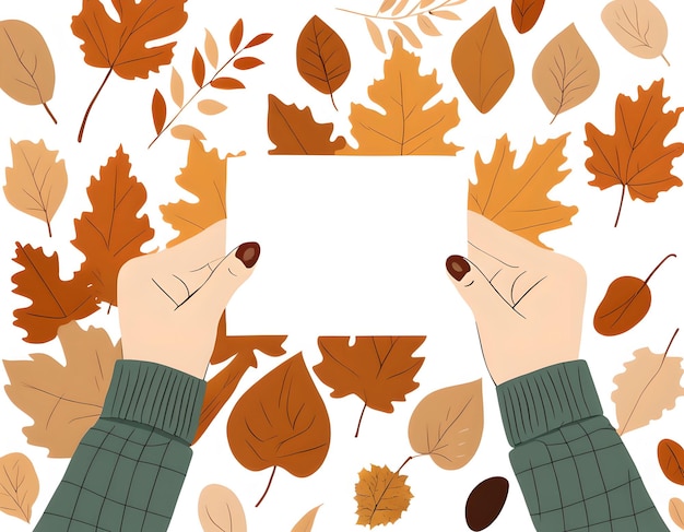 中性的な美学的な手が空白のカードを握っている秋のテーマ