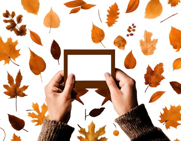 Photo neutral aesthetic hand holding blank card fall themed