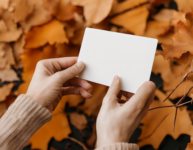 中性的な美学的な手が空白のカードを握っている秋のテーマ