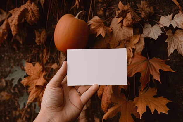 Neutral aesthetic hand holding blank card fall themed