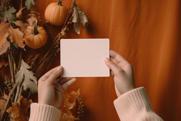Photo neutral aesthetic hand holding blank card fall themed