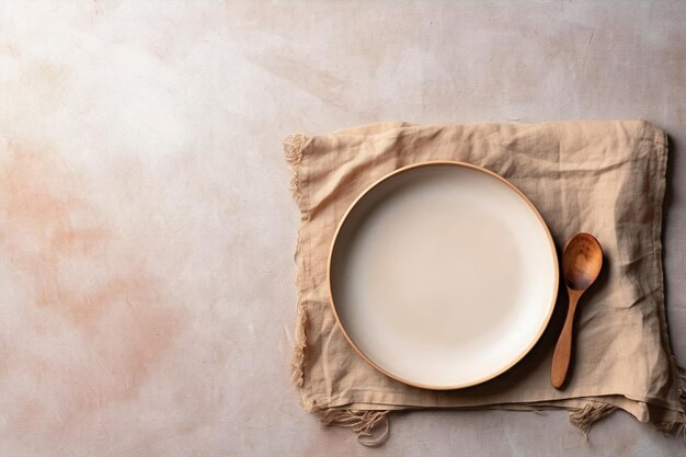 Photo neutral beige empty ceramic plate top view