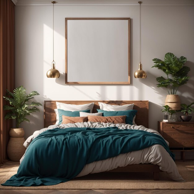 写真 木製のドレッサー本と緑の花瓶のアクセントを備えたニュートラルなミニマリストの寝室