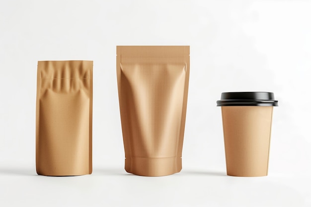 Neutraltoned blank packaging templates including a pouch cup and container for product mockups