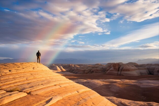 ネバダ の 壮観 な 砂岩 の 線路 観光 者 は 雲 の ない 夕方 に 輝く 虹 を 賞賛 し て い ます