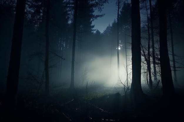 Nevel en donkere bossen's nachts mysterie bos magische verzadigde nevel bos bomen landschap