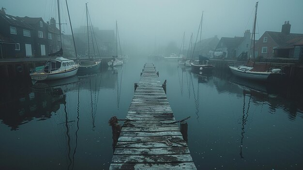 Foto nevelige haven met boten aan de kade achtergrond