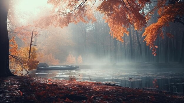 Nevelige herfstmorgen in het bos met een verscheidenheid aan kleurrijke bomen en vallende bladeren Generatieve AI