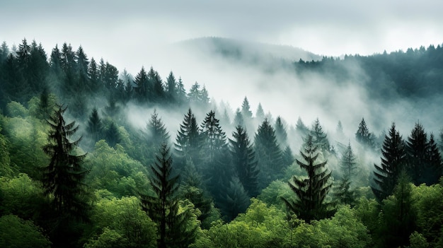 Nevelwoud met bomen op de voorgrond Generatief Ai