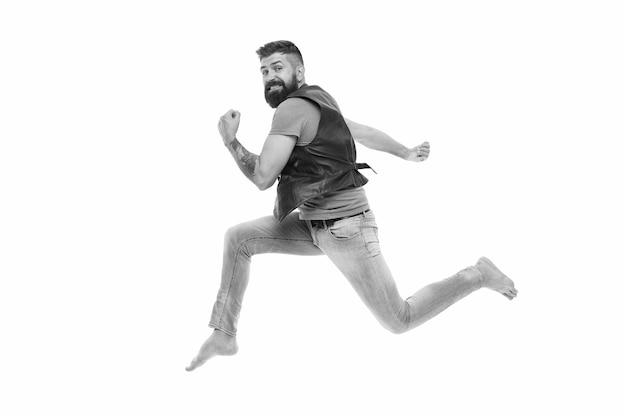 Фото Никогда не останавливайся вор-человек убегает держите концепцию движения парень бородатый хипстер, захваченный бегущим движением на белом фоне бородатый мужчина, бегущий на высокой скорости