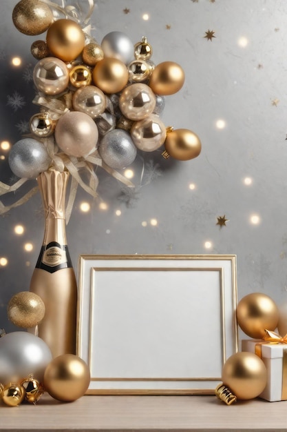 Новая открытка на 29 год с бокалами шампанского и рождественскими украшениями на белом мраморе