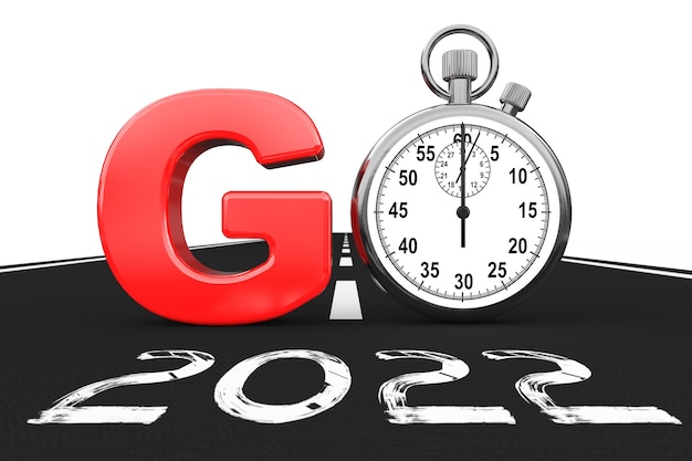 Photo new 2022 year concept. stopwatch as go sign over 2022 new year road on a white background. 3d rendering