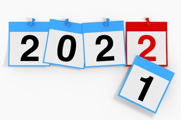 Nuovo concetto di inizio anno 2022. fogli di calendario con segno di capodanno 2022 su sfondo bianco. rendering 3d