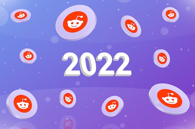 New 2022 year with reddit social network icons around 3d