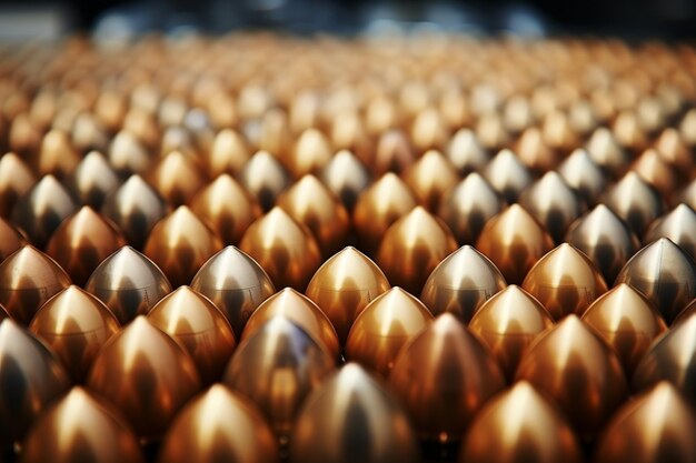 New artillery shells in military warehouse closeup of metal munition in weapons factory storage