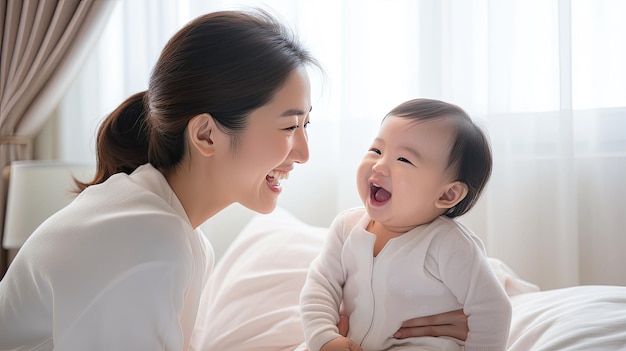 새로운 아시아 엄마는 침대에서 웃고 집에서 행복을 누리며 사랑스러운 갓 태어난 아기와 놀고 있습니다