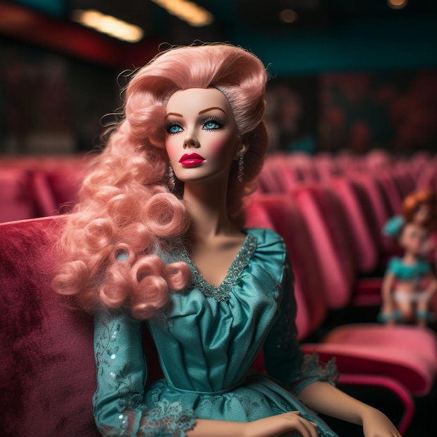 新しいバービー映画館は人形の誕生日ファッション服をポーズにしています