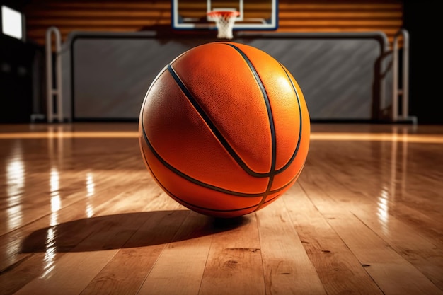 New basketball sits on a polished hardwood floor of a basketball court Generative AI