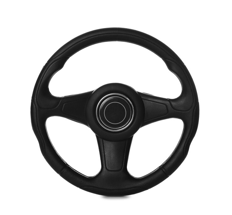 Photo new black steering wheel isolated on white