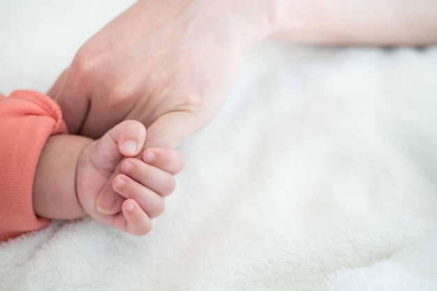 New Born Baby hand hold little finger of mom