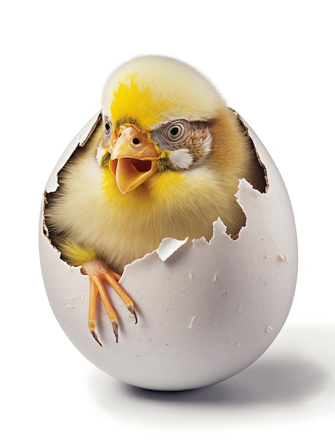 Фото Новорожденный цыпленок выходит, показывая себя треснувшим яйцом на белом фоне
