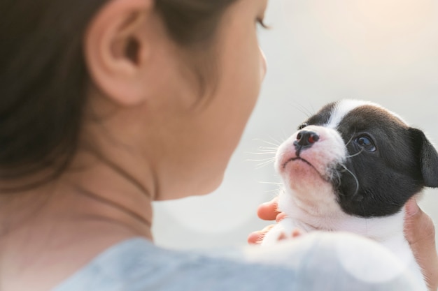 Cucciolo appena nato del bulldog francese che osserva sul fronte teenager tailandese asiatico femminile sveglio mentre parla con il concetto di terapia dell'animale domestico dello spazio della copia