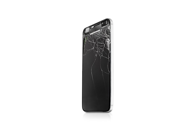 New broken mobile phone screen mock up, side view, isolated