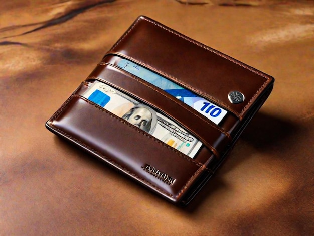 写真 紙幣とクレジットカードが入った新しい茶色の革の財布