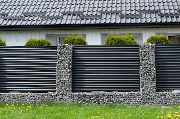 New build gabions fence. Gabion fence.