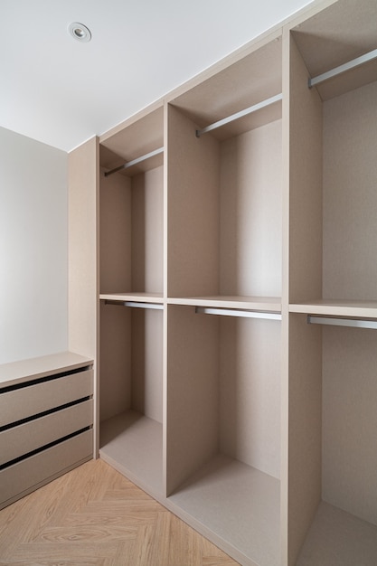 New builtin furniture in a small dressing room modern and empty\
storage room with wardrobe drawers and plenty of space for\
hangers