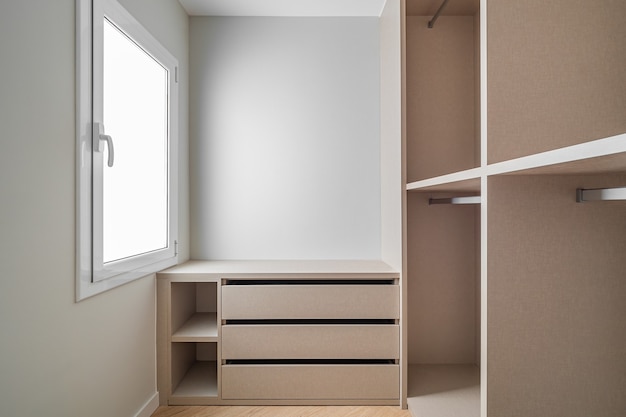 New builtin furniture in a small dressing room modern and empty\
storage room with wardrobe drawers a...