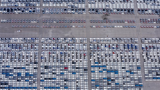 New car products line up export for sale aerial view