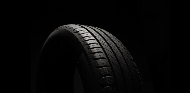 New car tire Road wheel on dark background Summer Tire with asymmetric tread design Driving car concept